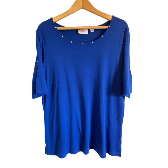 Quacker Factory blue short split sleeve knit top rhinestones stretchy Size L - Picture 1 of 7